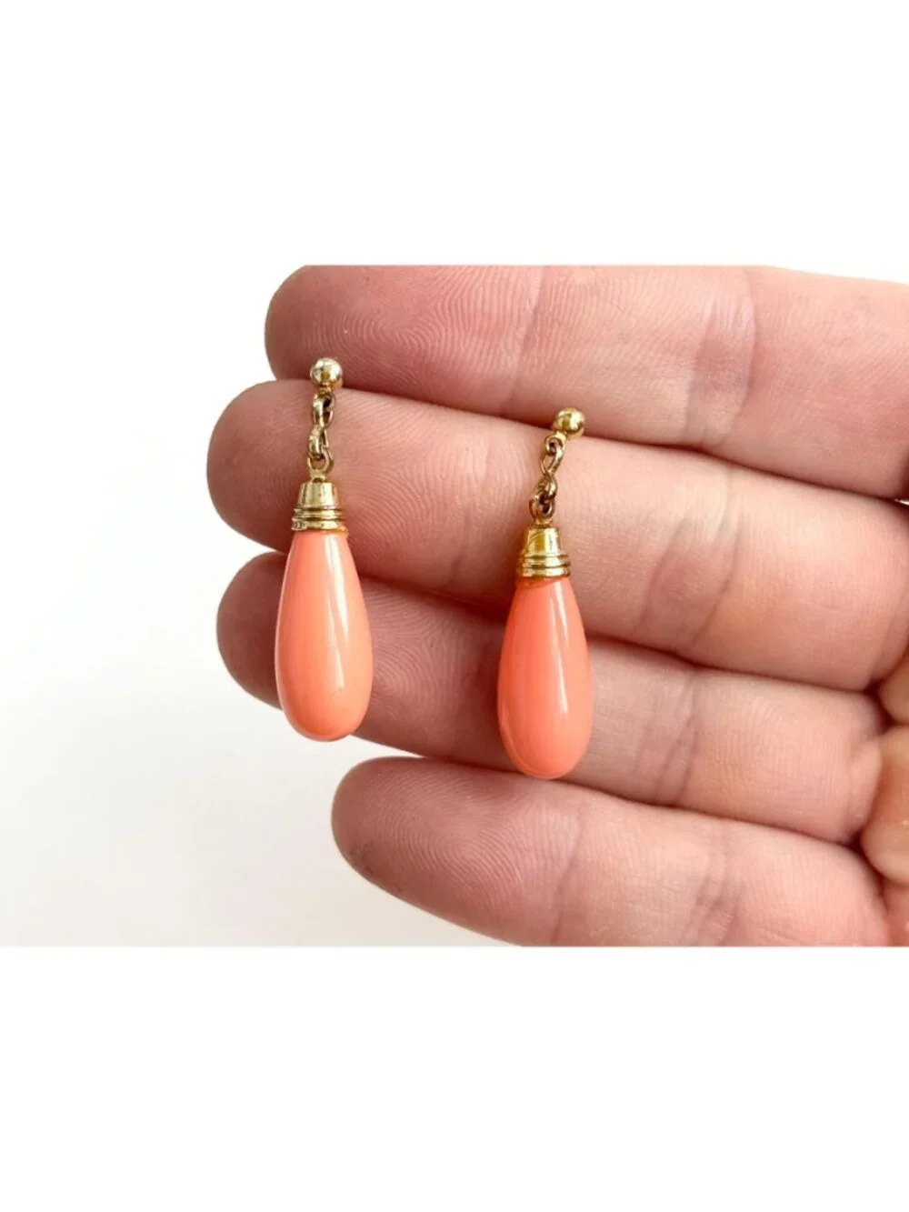 Art Deco Style Faux Coral Gold T Teardrop Vintage Sterling Silver 925 Earrings